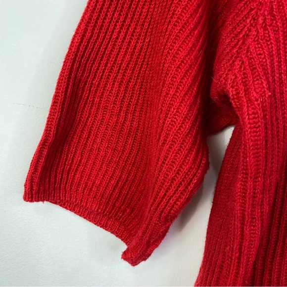 Vintage 70s Ribbed Knit Fitted Sweater 3/4 Sleeves Cherry Red Pocket M - Picture 10 of 12